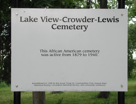 Lake View-Crowder-Lewis Cemetery sign. We have a small cemetery as a little cutout on our east property line. (This photo is from the archives.)
