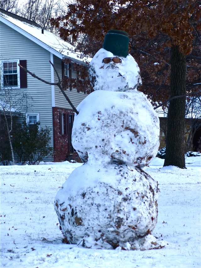 What an admirable feat!  With just the little bit of snow on the ground this snowman is to be praised.  Good job people.